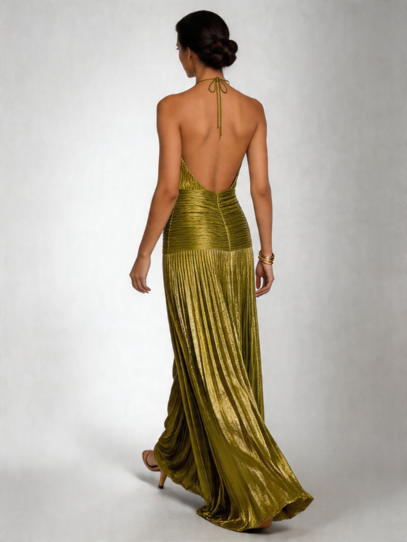 Tatiana | Halter Neck Pleated High Slit Maxi Dress