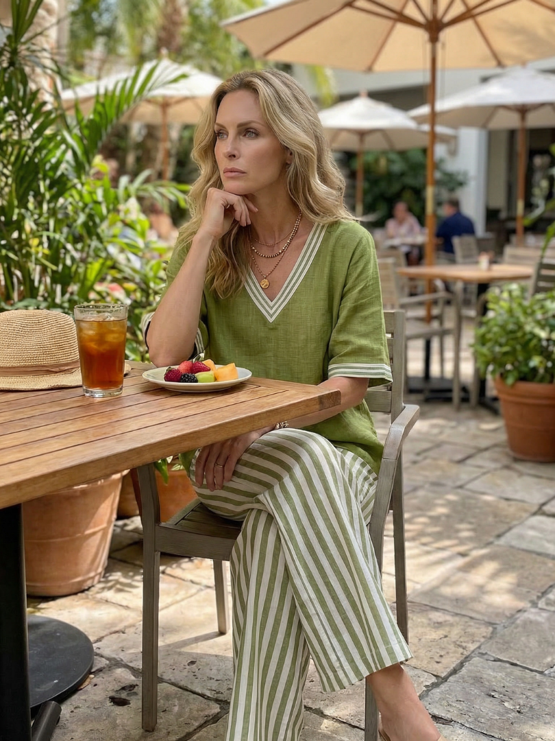 Wrene | Contrast V Neck Tunic Stripe Trouser Set