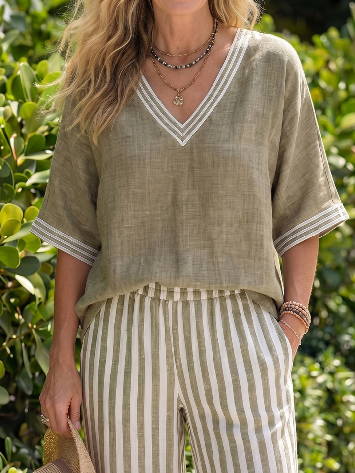Wrene | Contrast V Neck Tunic Stripe Trouser Set