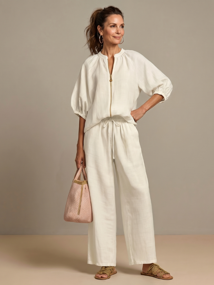 Natanya | Zip Front Blouson Top Wide Leg Set