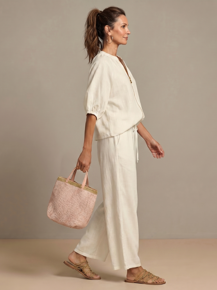 Natanya | Zip Front Blouson Top Wide Leg Set