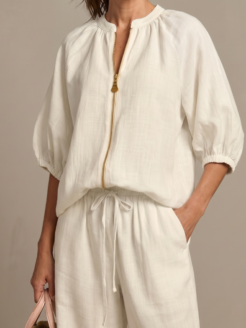 Natanya | Zip Front Blouson Top Wide Leg Set