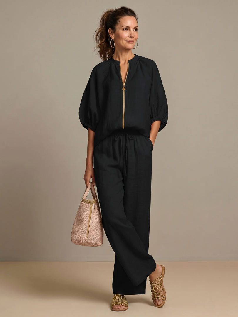Natanya | Zip Front Blouson Top Wide Leg Set