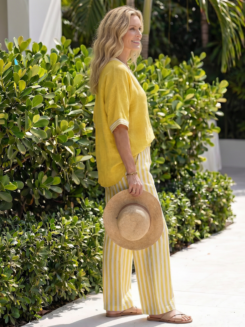 Wrene | Contrast V Neck Tunic Stripe Trouser Set