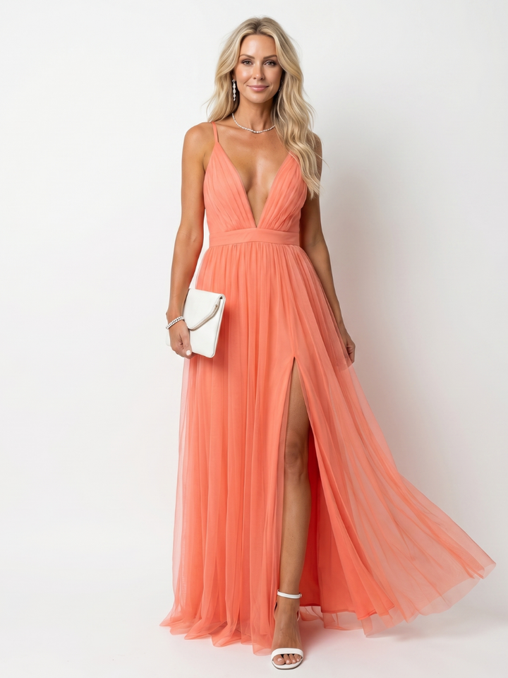 Thea | Deep V Strap Pleated Maxi Dress
