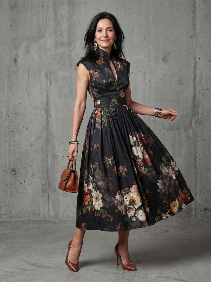 Areta | High Neck Keyhole Floral Pleated Midi Dress