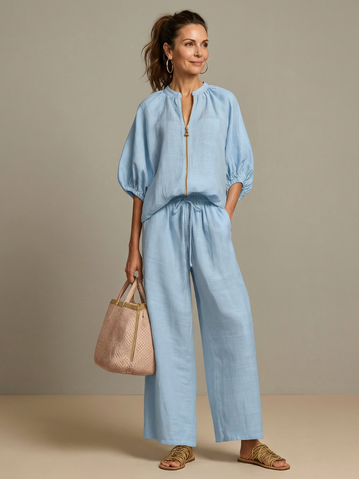 Natanya | Zip Front Blouson Top Wide Leg Set