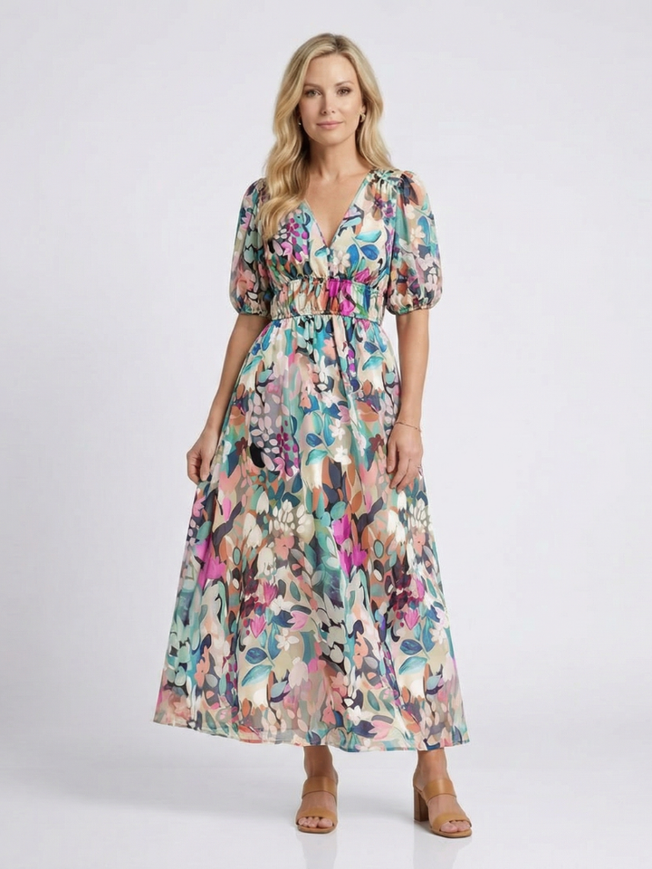 Oulalie | V Neck Short Sleeve Gathered Waist Midi Dress
