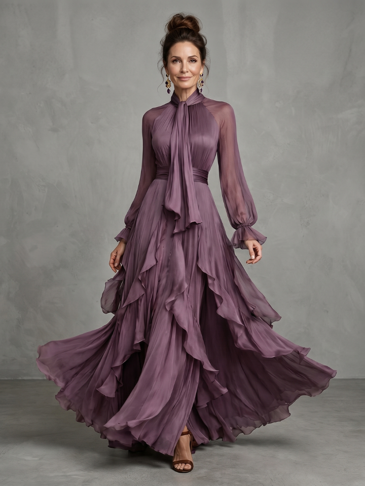 Demetra | Tie Neck Ruffle Tiered Maxi Dress