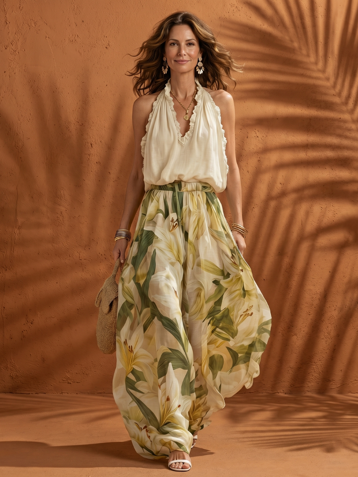 Jolange | Halter Neck Blouse Floral Wide Leg Set