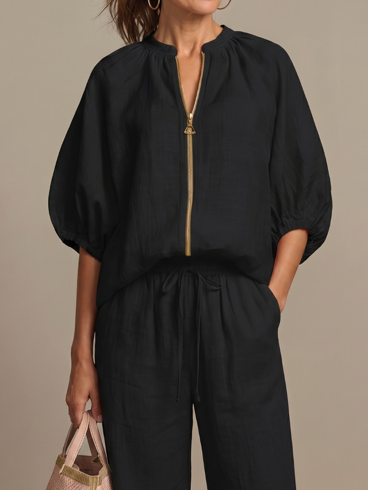 Natanya | Zip Front Blouson Top Wide Leg Set