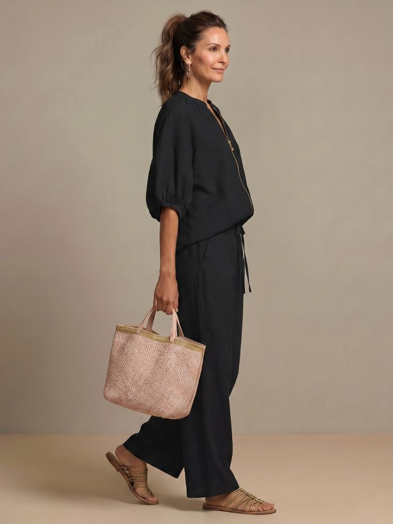 Natanya | Zip Front Blouson Top Wide Leg Set