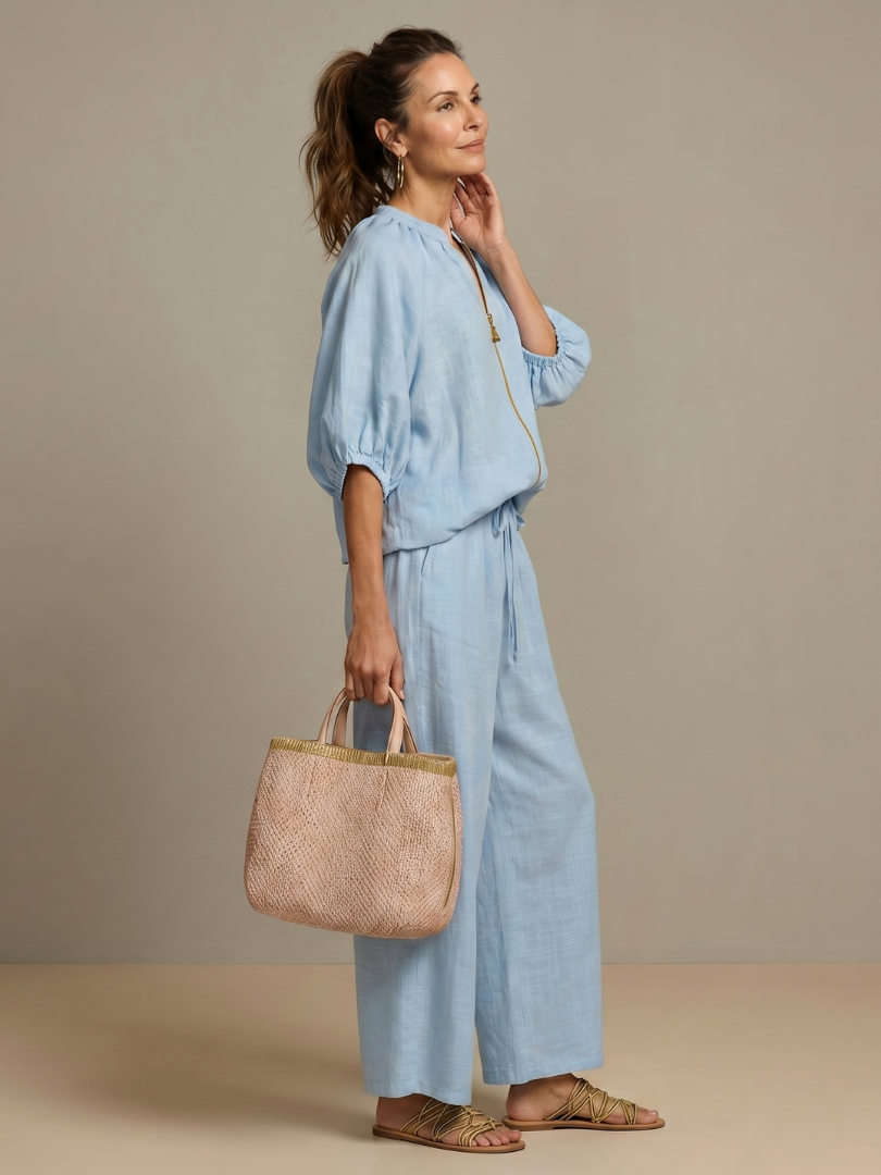 Natanya | Zip Front Blouson Top Wide Leg Set