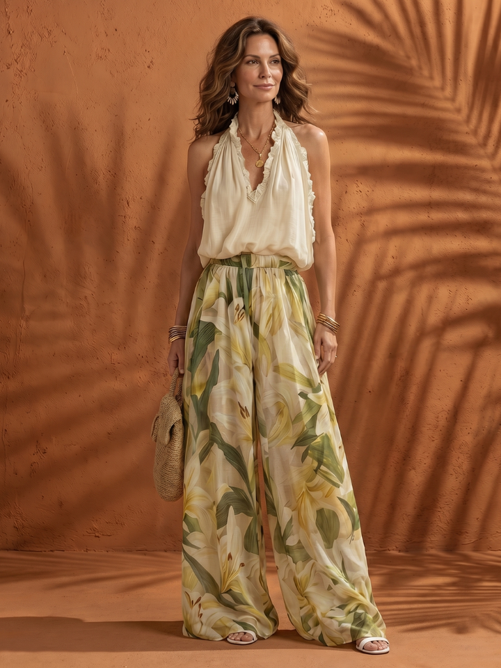 Jolange | Halter Neck Blouse Floral Wide Leg Set