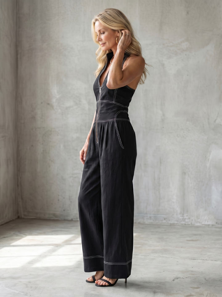 Darna | Zip Front Contrast Stitch Wide Leg Jumpsuit
