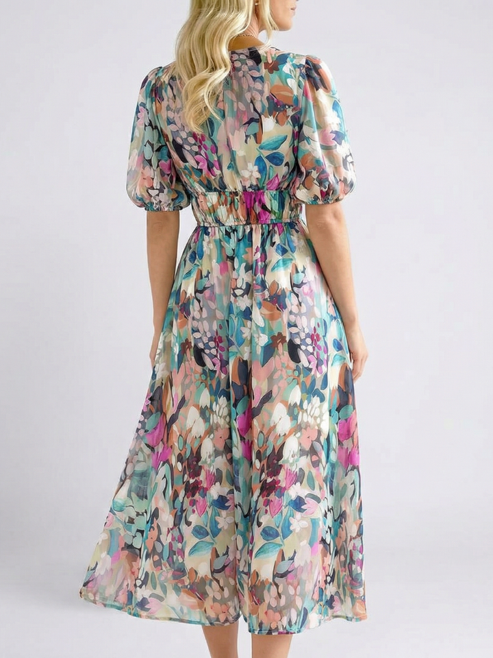 Oulalie | V Neck Short Sleeve Gathered Waist Midi Dress