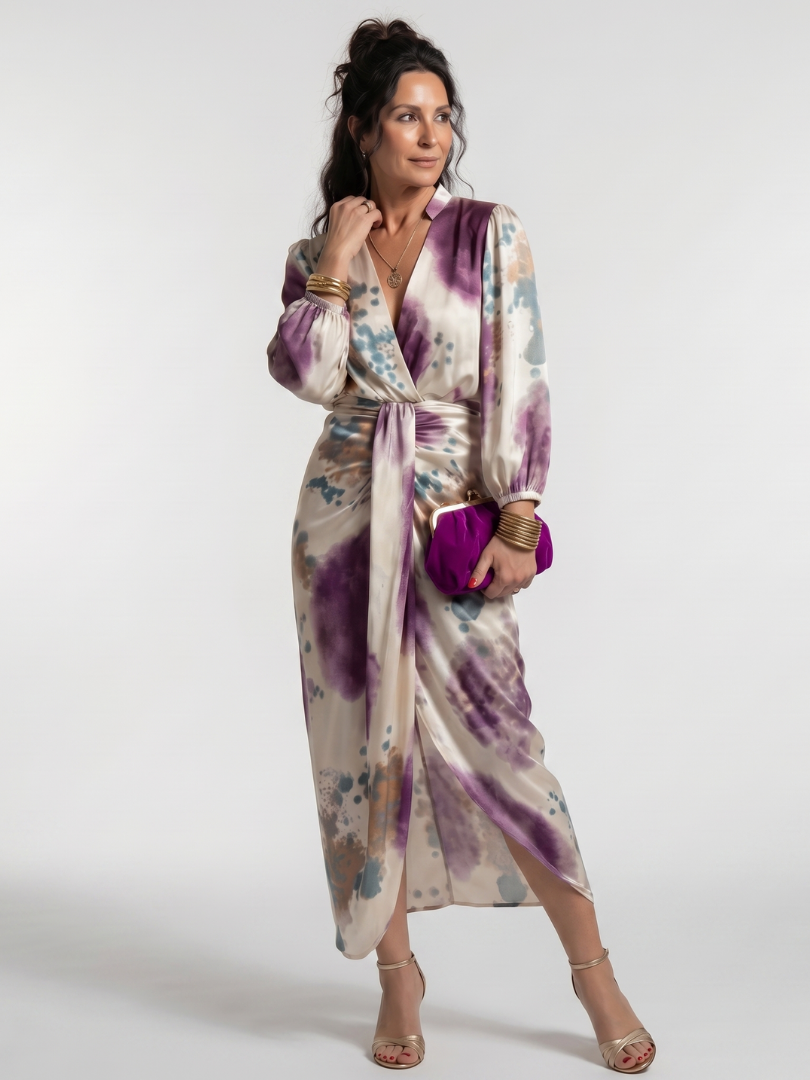 Valina | Cross Wrap Tie Waist Printed Midi Dress