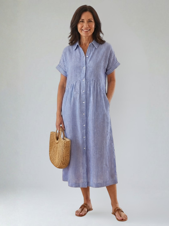 Lenea | Striped Button Front Short Sleeve Midi Dress