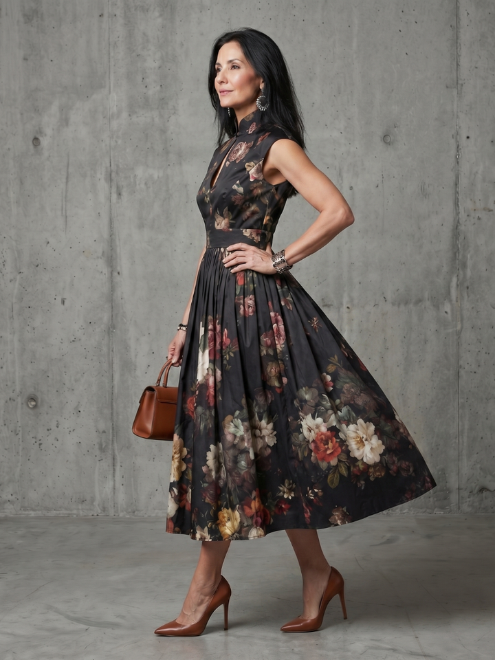Areta | High Neck Keyhole Floral Pleated Midi Dress
