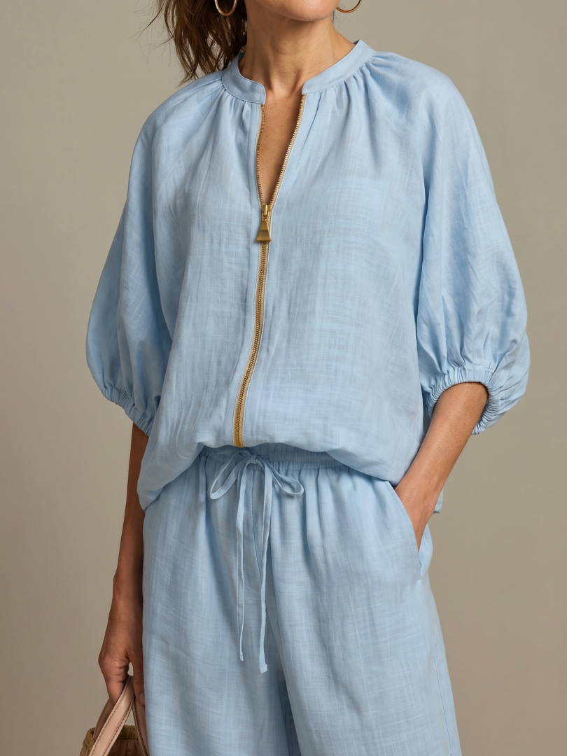 Natanya | Zip Front Blouson Top Wide Leg Set