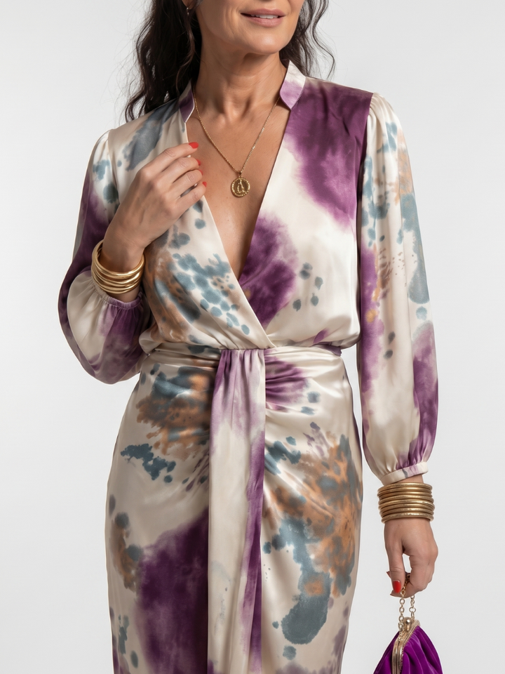 Valina | Cross Wrap Tie Waist Printed Midi Dress