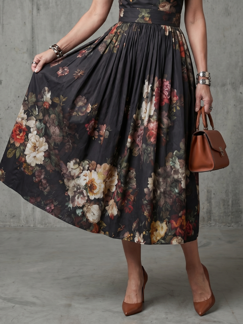 Areta | High Neck Keyhole Floral Pleated Midi Dress