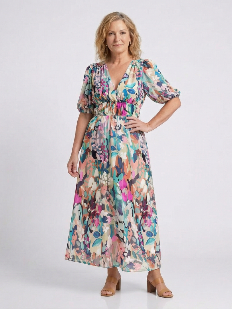 Oulalie | V Neck Short Sleeve Gathered Waist Midi Dress