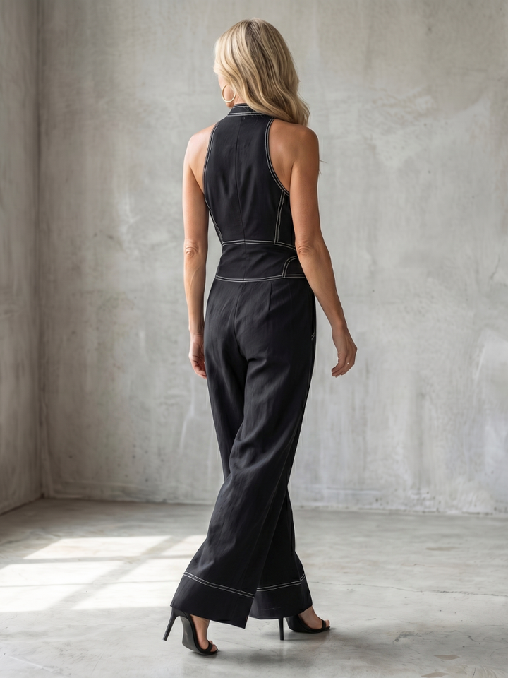Darna | Zip Front Contrast Stitch Wide Leg Jumpsuit