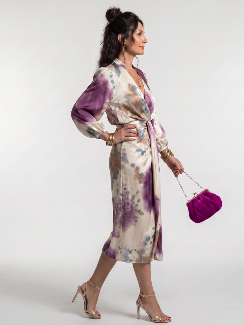 Valina | Cross Wrap Tie Waist Printed Midi Dress