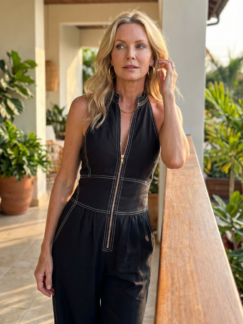 Darna | Zip Front Contrast Stitch Wide Leg Jumpsuit