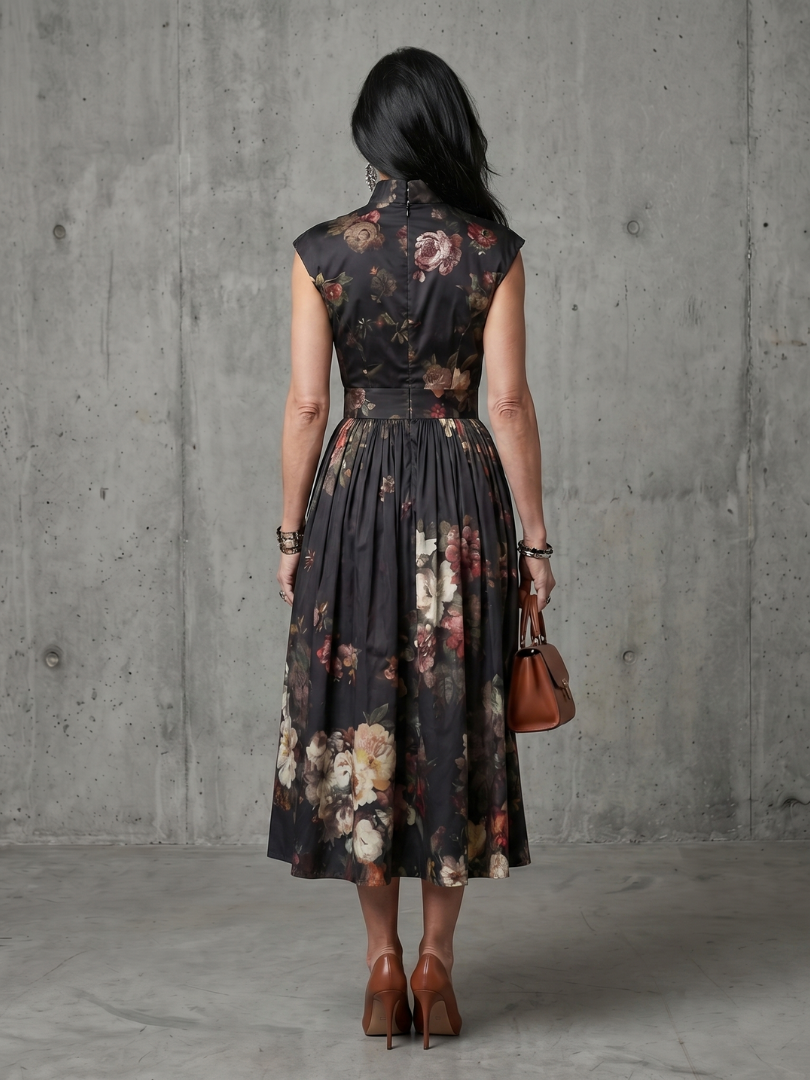 Areta | High Neck Keyhole Floral Pleated Midi Dress