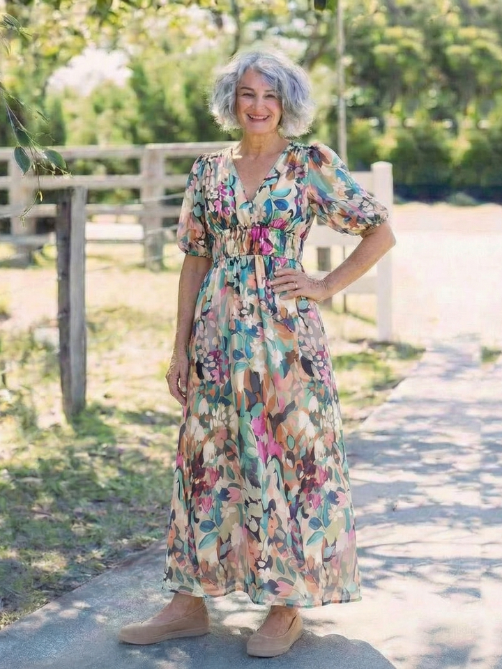 Oulalie | V Neck Short Sleeve Gathered Waist Midi Dress