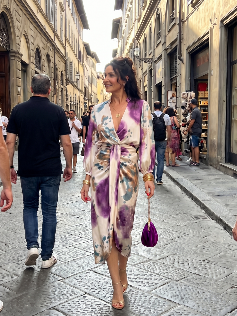 Valina | Cross Wrap Tie Waist Printed Midi Dress