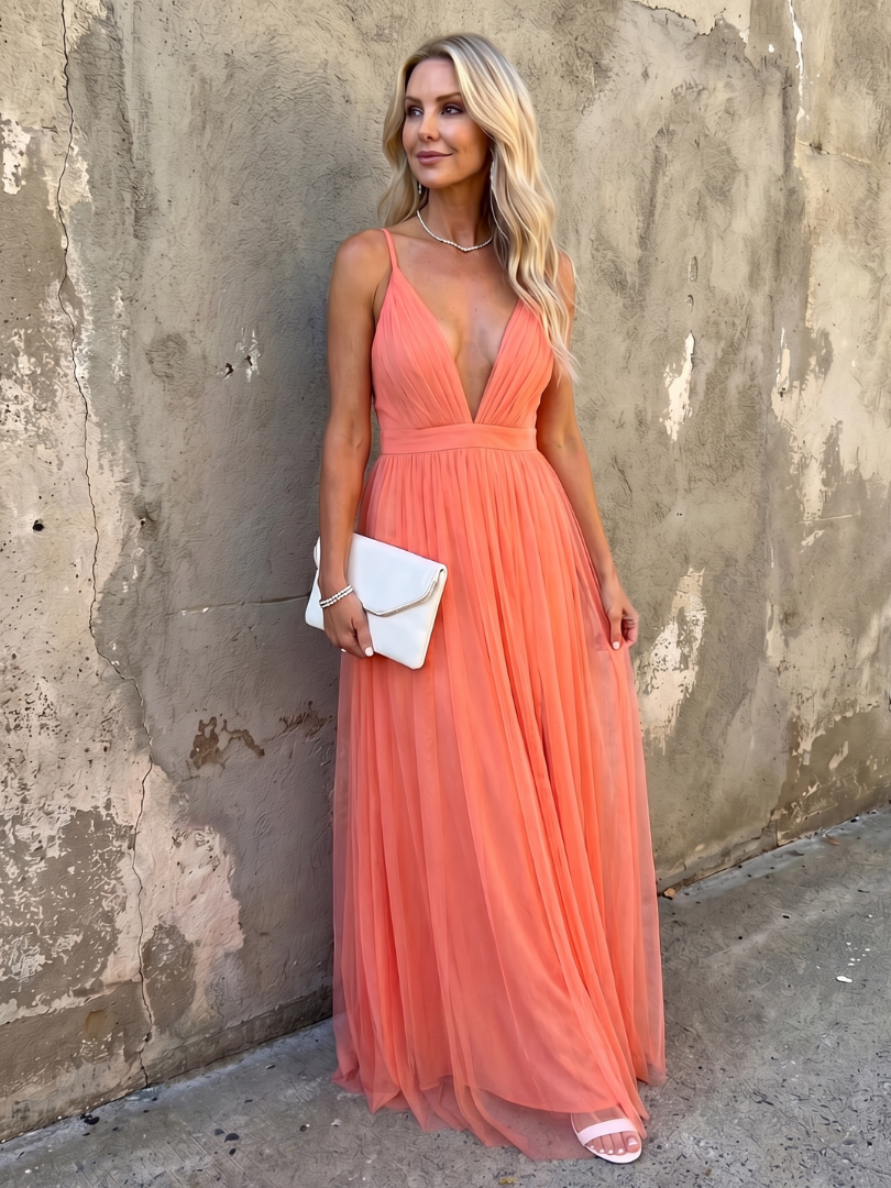 Thea | Deep V Strap Pleated Maxi Dress