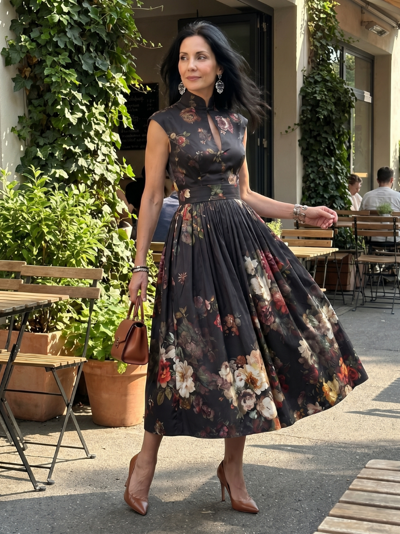 Areta | High Neck Keyhole Floral Pleated Midi Dress