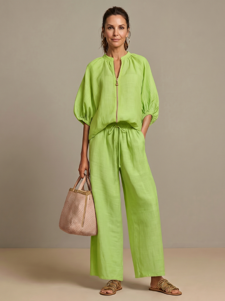Natanya | Zip Front Blouson Top Wide Leg Set