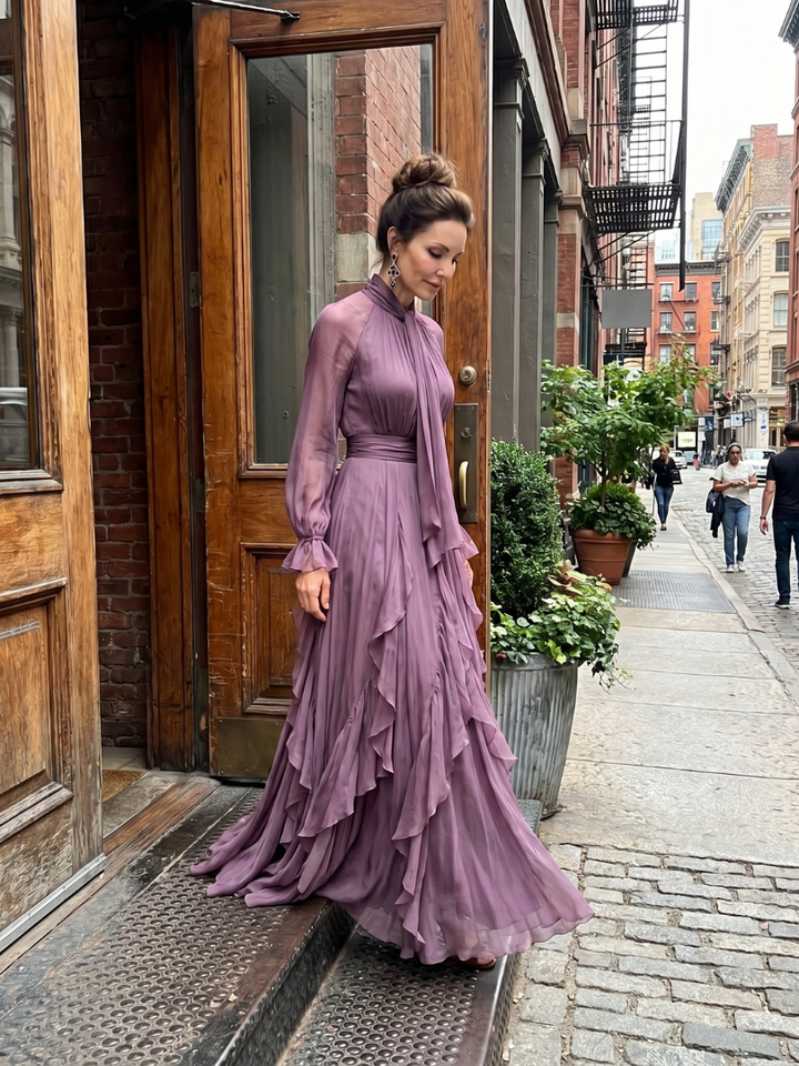 Demetra | Tie Neck Ruffle Tiered Maxi Dress
