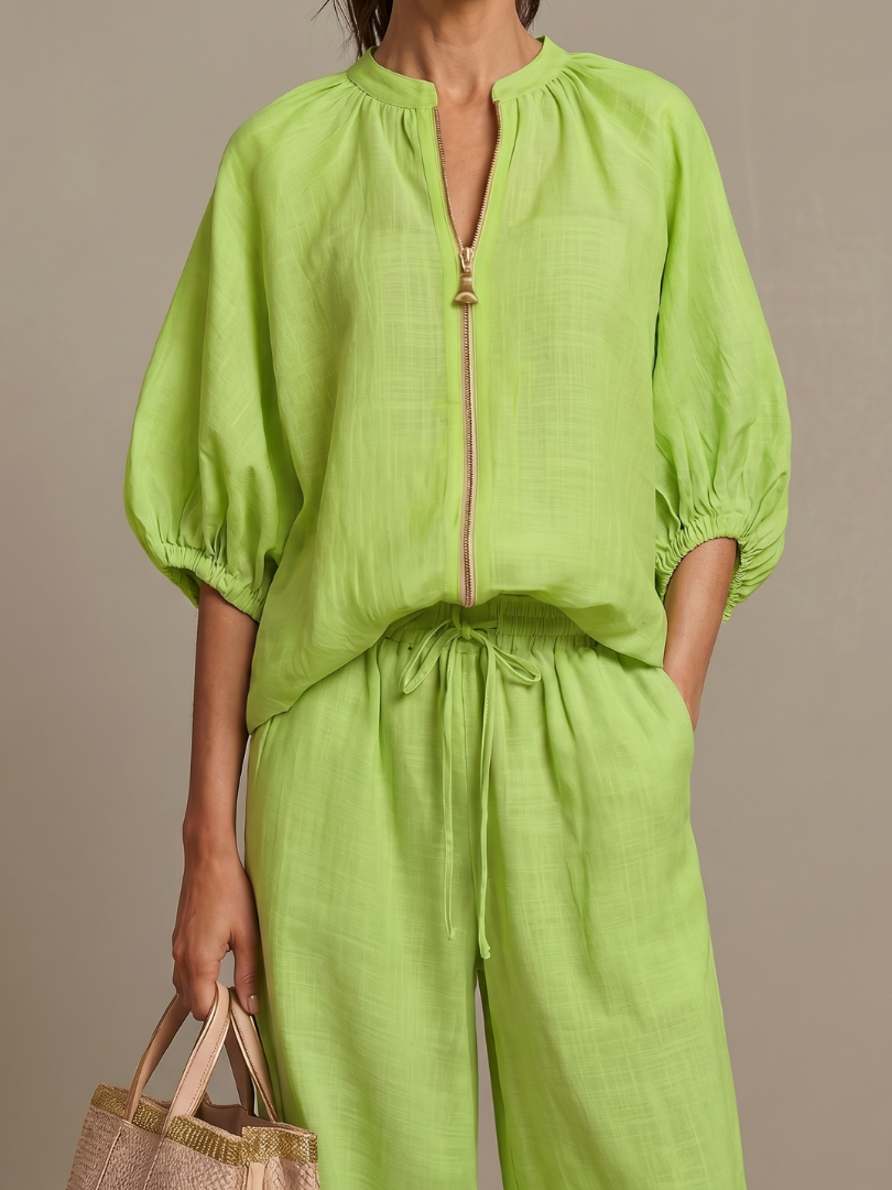 Natanya | Zip Front Blouson Top Wide Leg Set
