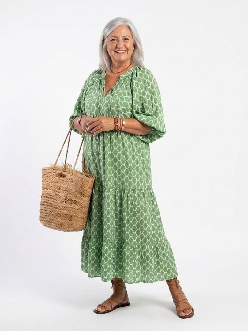 Pauline | Three Quarter Sleeve V Neck Patterned Midi Dress