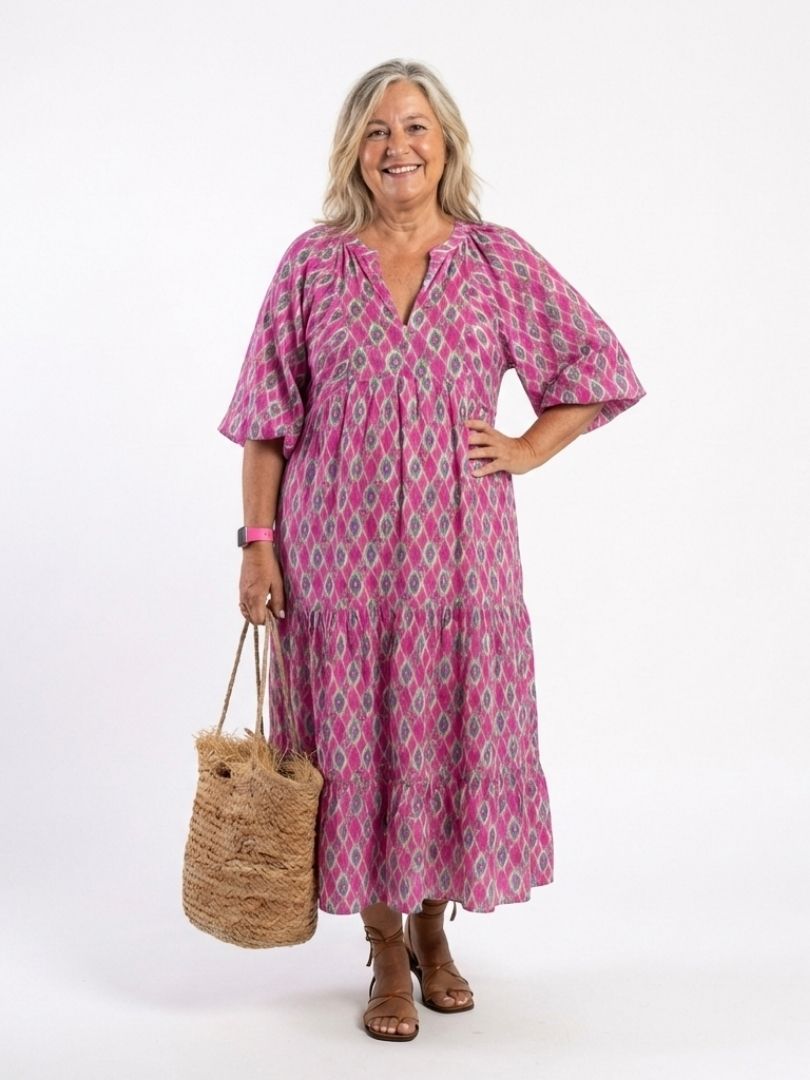 Pauline | Three Quarter Sleeve V Neck Patterned Midi Dress