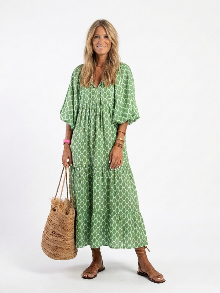 Pauline | Three Quarter Sleeve V Neck Patterned Midi Dress