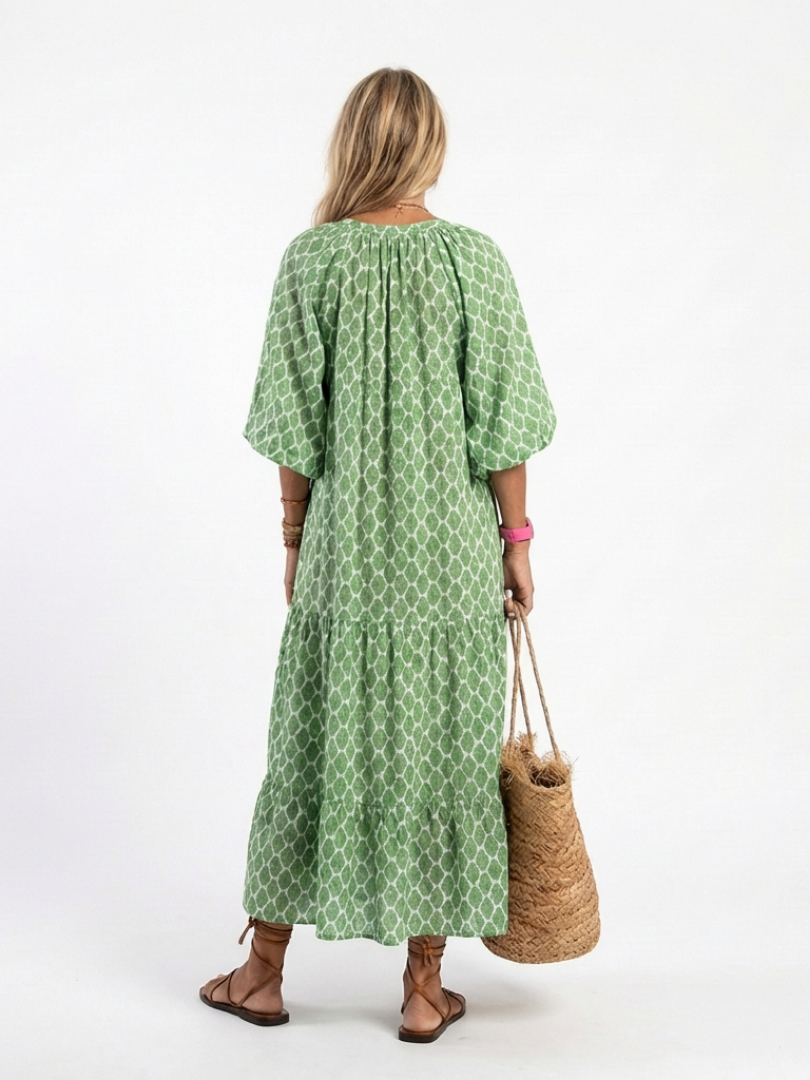 Pauline | Three Quarter Sleeve V Neck Patterned Midi Dress