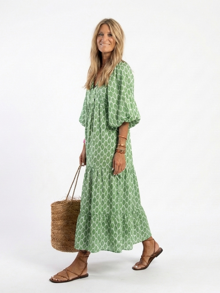 Pauline | Three Quarter Sleeve V Neck Patterned Midi Dress
