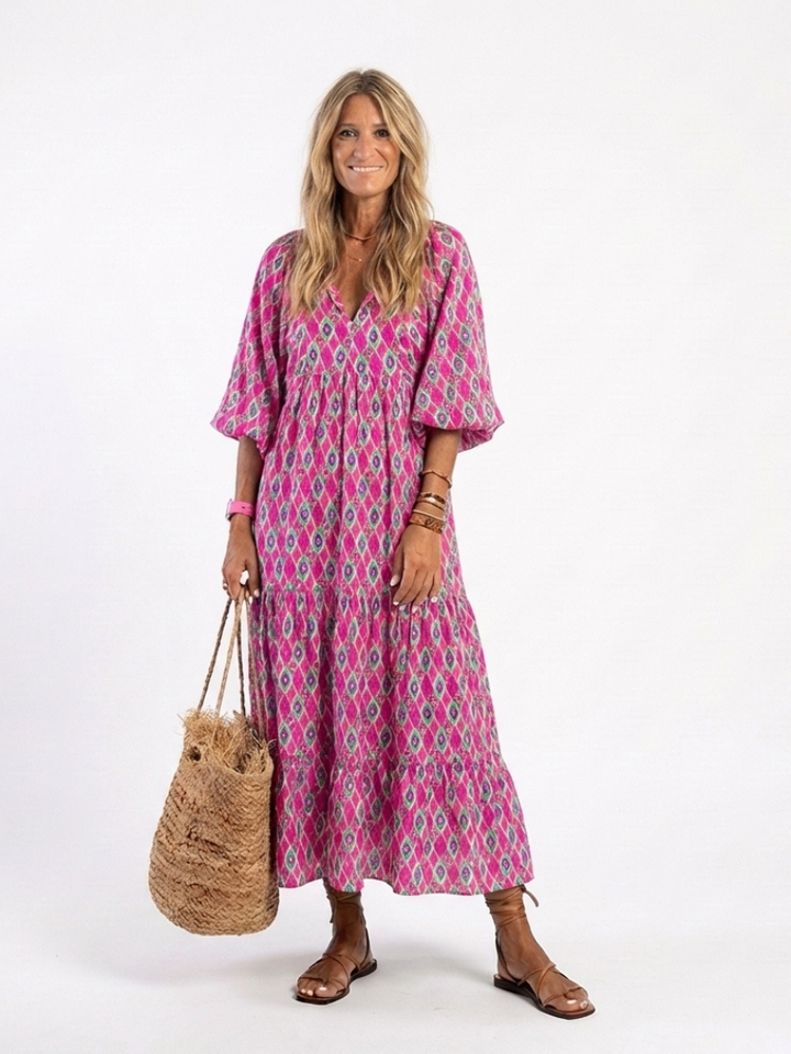 Pauline | Three Quarter Sleeve V Neck Patterned Midi Dress