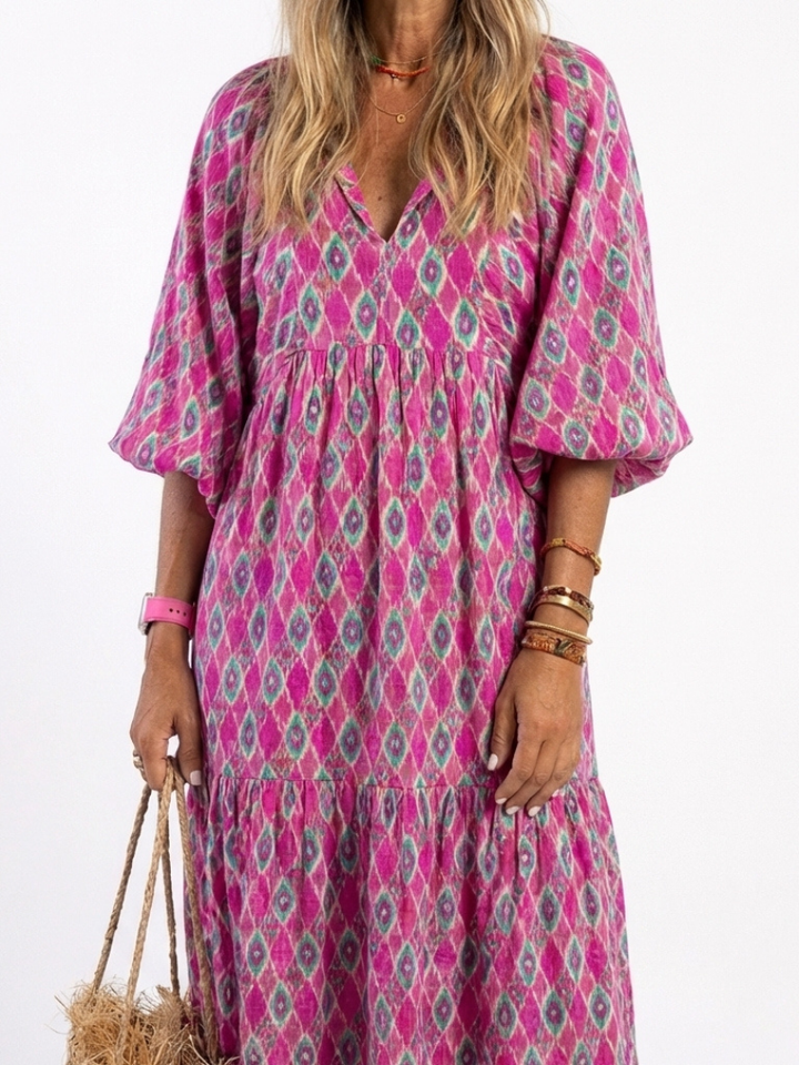 Pauline | Three Quarter Sleeve V Neck Patterned Midi Dress