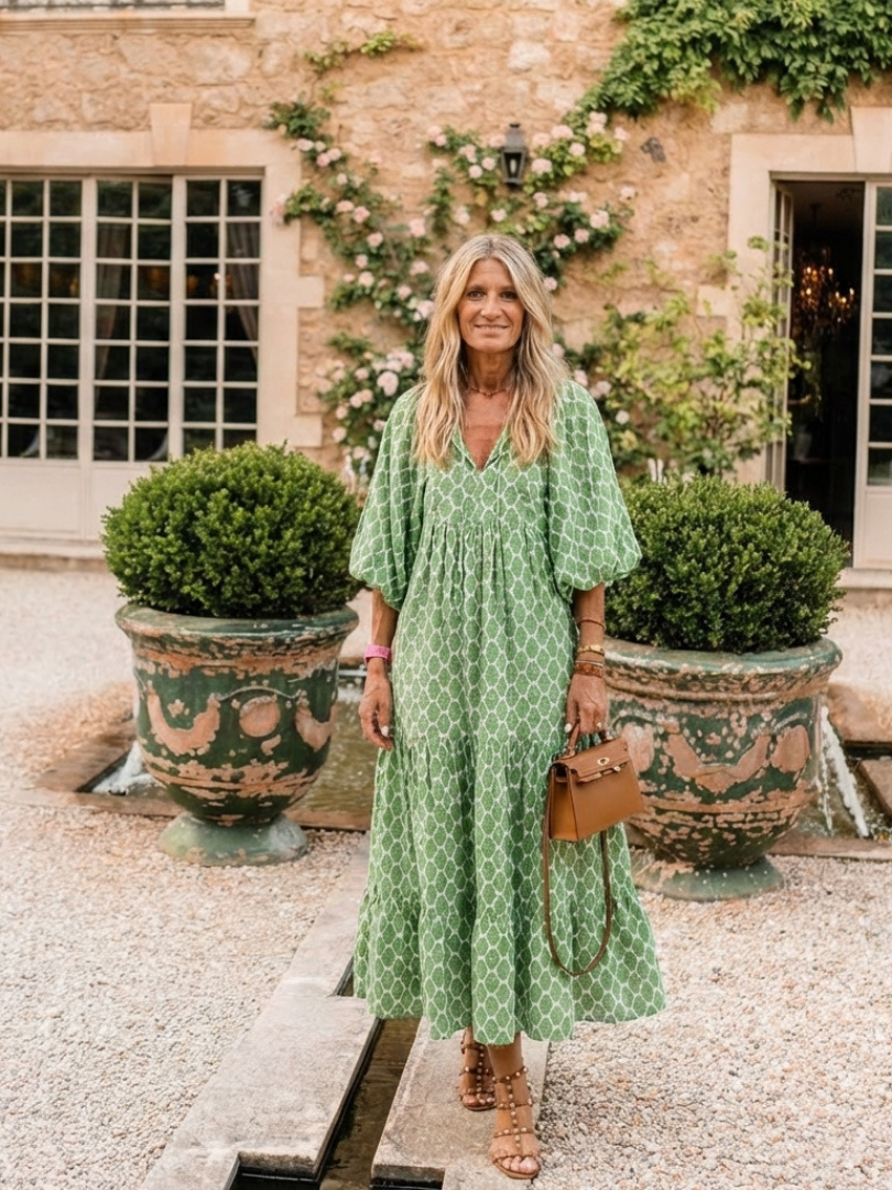Pauline | Three Quarter Sleeve V Neck Patterned Midi Dress