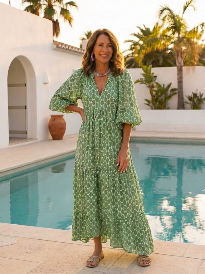 Pauline | Three Quarter Sleeve V Neck Patterned Midi Dress