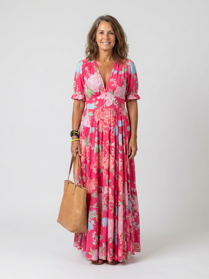 Iyoni | Short Sleeve V Neck Floral Midi Dress