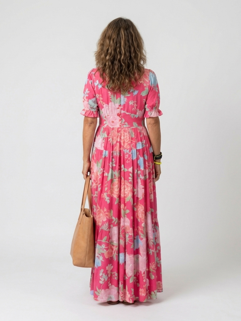 Iyoni | Short Sleeve V Neck Floral Midi Dress