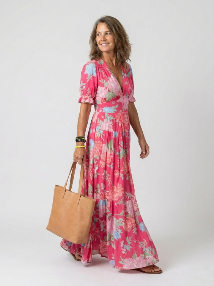 Iyoni | Short Sleeve V Neck Floral Midi Dress